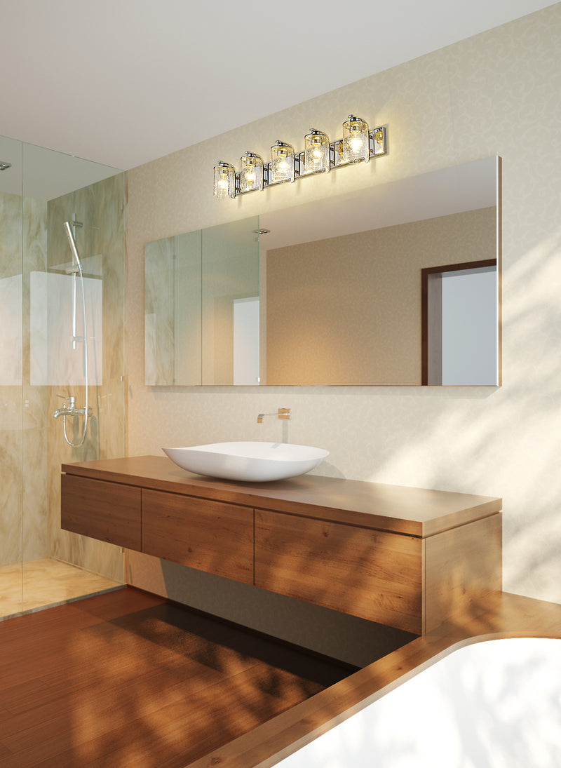 Beckett 5 Light 42" Vanity in Chrome in a room setting