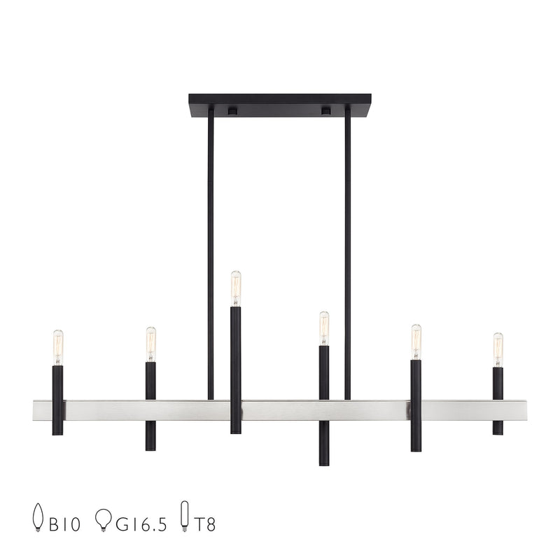 Denmark 6-Light Linear Chandelier in Black with Brushed Nickel Accents