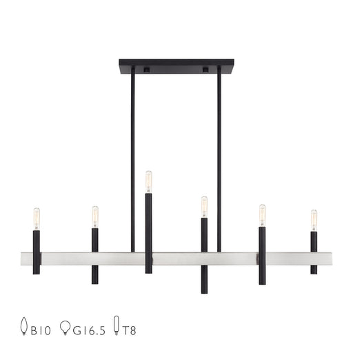 Denmark 6-Light Linear Chandelier in Black with Brushed Nickel Accents