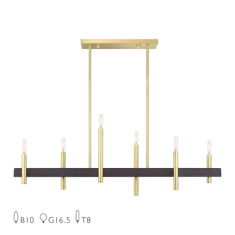 Denmark 6-Light Linear Chandelier in Satin Brass with Bronze Accents
