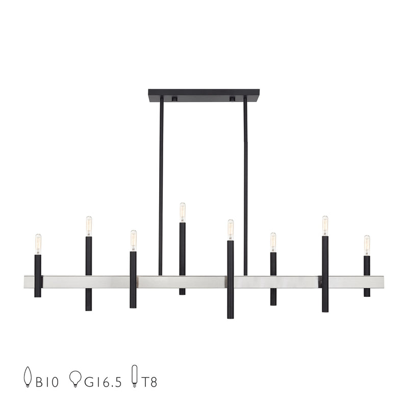 Denmark 8-Light Linear Chandelier in Black with Brushed Nickel Accents