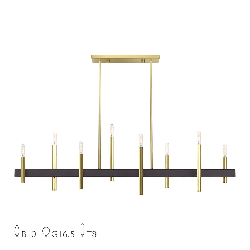 Denmark 8-Light Linear Chandelier in Satin Brass with Bronze Accents