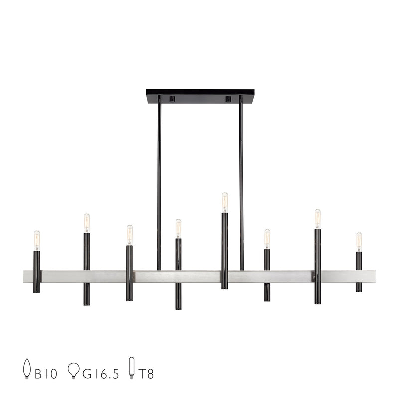 Denmark 8-Light Linear Chandelier in Black Chrome with Brushed Nickel Accents