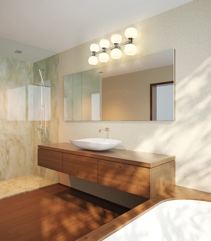 Artemis 8 Light 35" Vanity in Brushed Nickel in a room setting