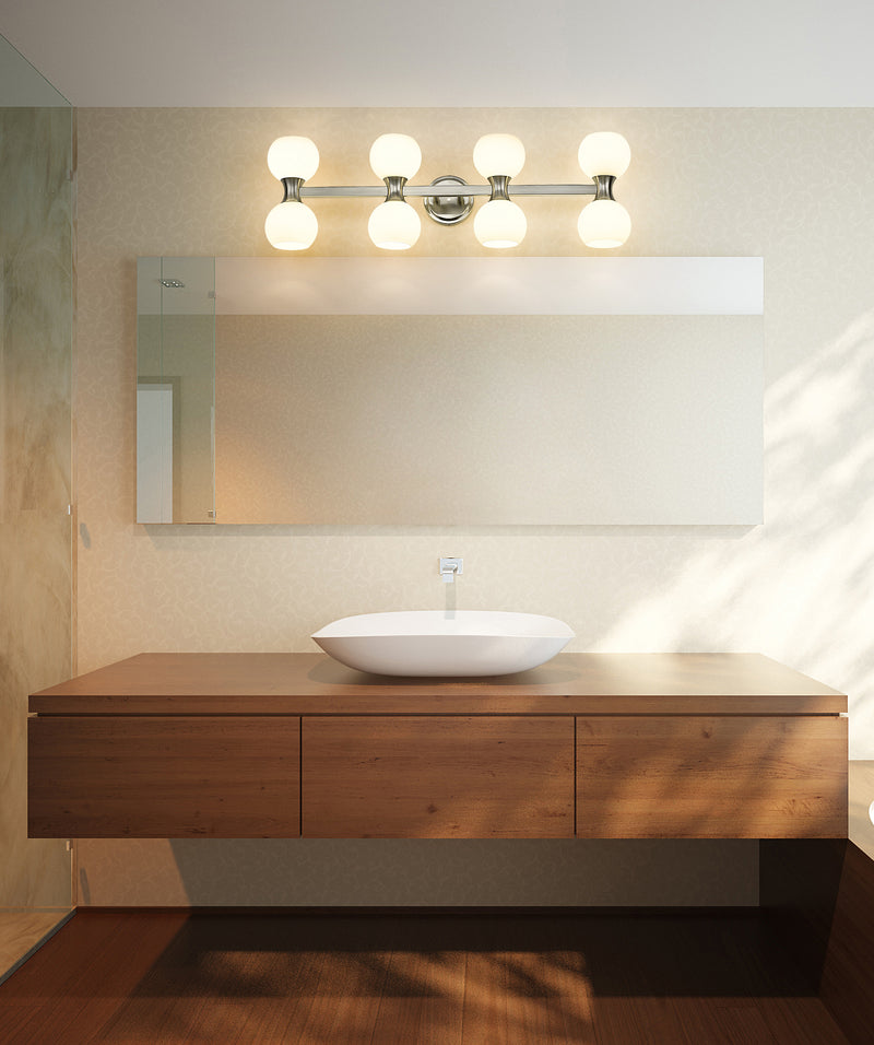 Artemis 8 Light 35" Vanity in Brushed Nickel in a room setting
