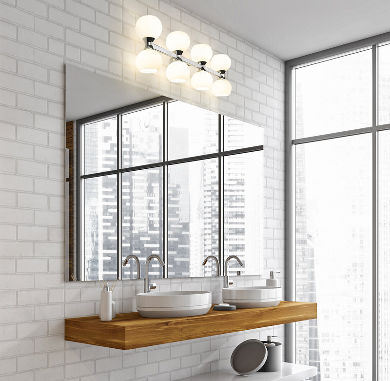 Artemis 8 Light 35" Vanity in Chrome in a room setting