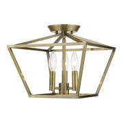 Devone 3-Light Square Semi-Flush Mount in Antique Brass