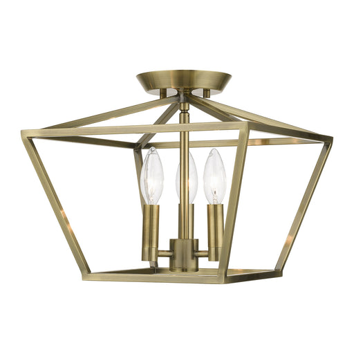 Devone 3-Light Square Semi-Flush Mount in Antique Brass