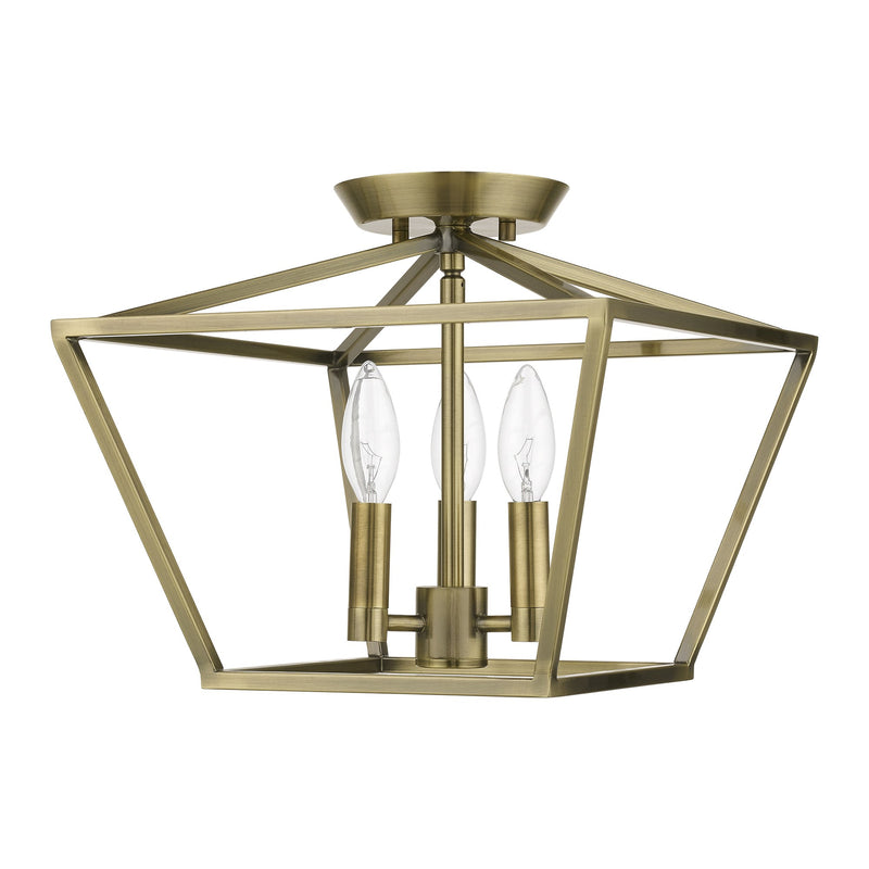 Devone 3-Light Square Semi-Flush Mount in Antique Brass