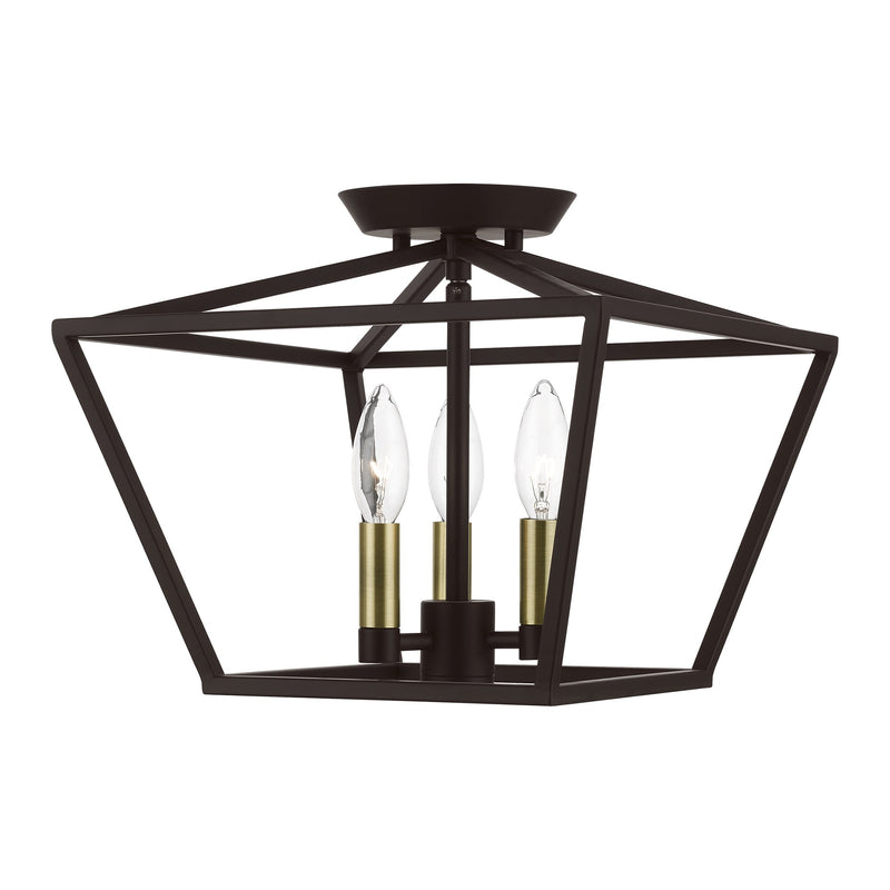 Devone 3-Light Square Semi-Flush Mount in Bronze with Antique Brass Accents