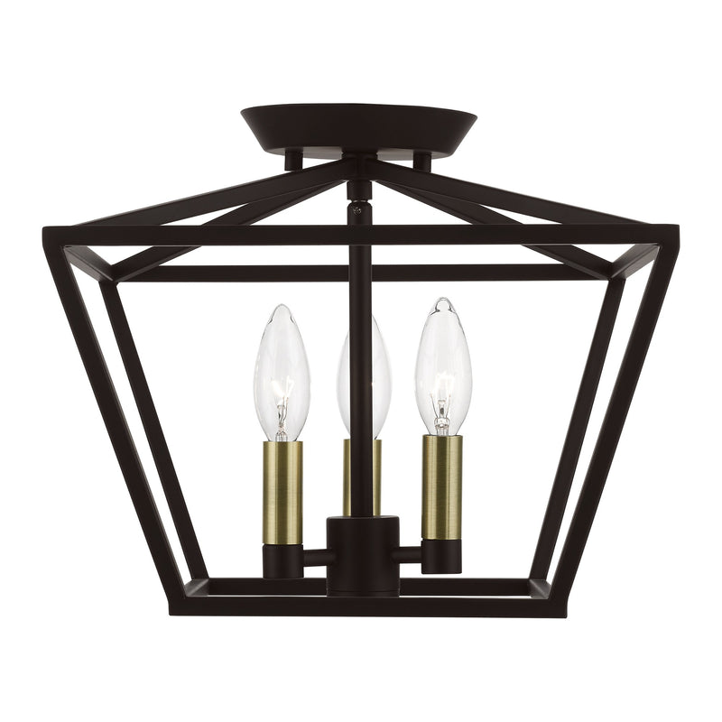 Devone 3-Light Square Semi-Flush Mount in Bronze with Antique Brass Accents
