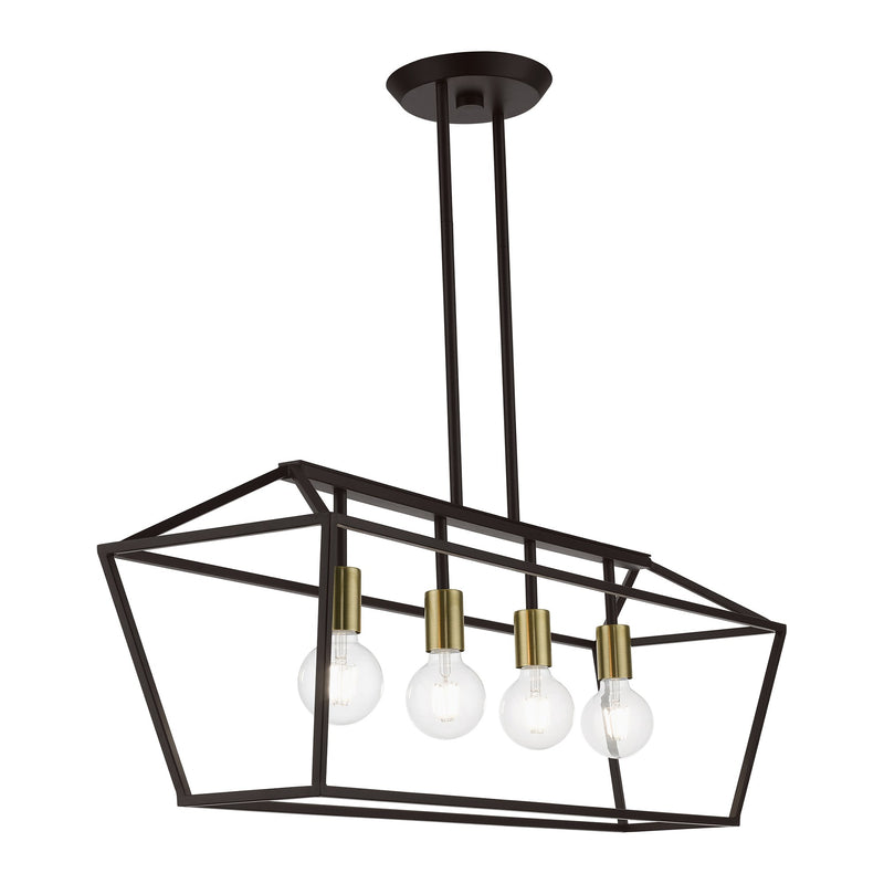 Devone 4-Light Linear Chandelier in Bronze with Antique Brass Accents