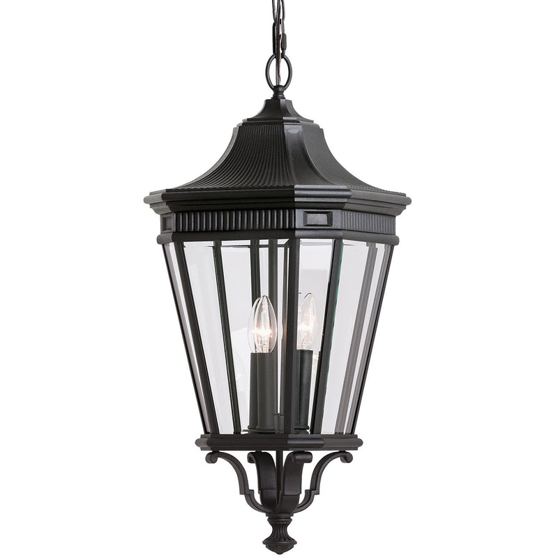 Cotswold Lane 12" 3-Light Beveled Glass Outdoor Lantern Pendant in Black