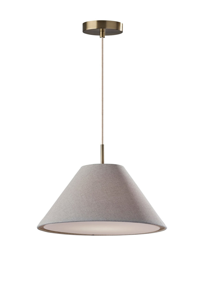 Hadley Pendant in Light Grey Textured Fabric & Antique Brass