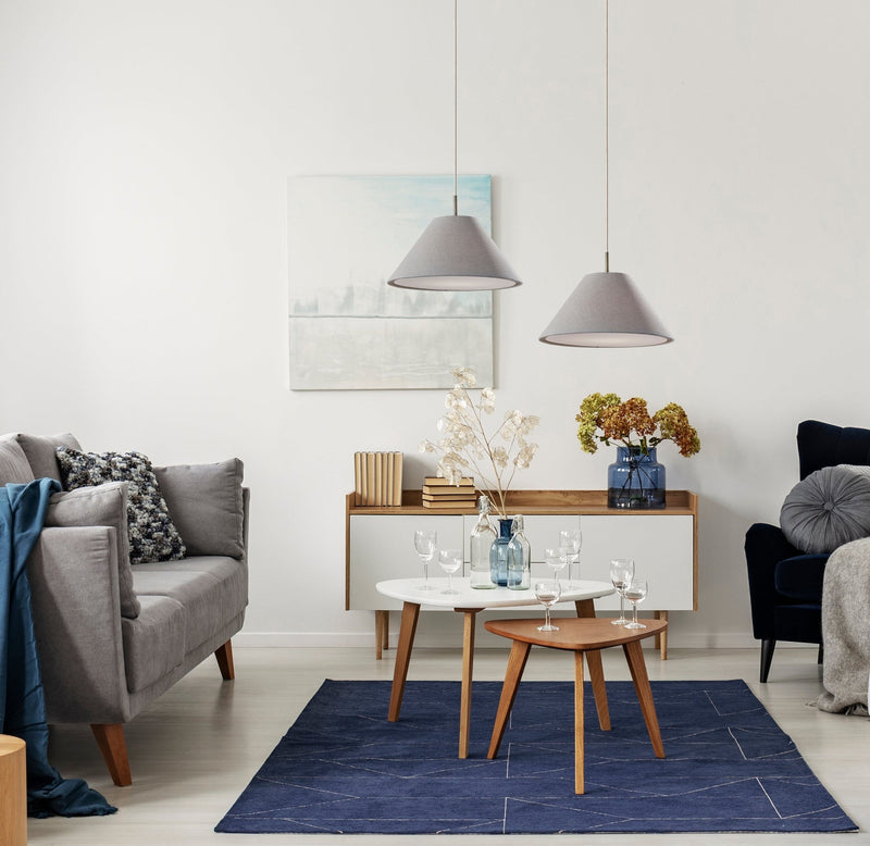 Hadley Pendant in Light Grey Textured Fabric & Antique Brass