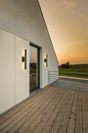 Stylet 2 Light 4.75" Outdoor Wall Light, Sand Black with White Shades, 5006 Series, 24" Tall in Sand Black in a room setting