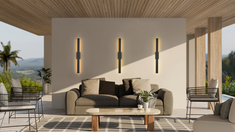 Stylet 4 Light 4.75" Outdoor Wall Light, 48" Tall in Sand Black in a room setting