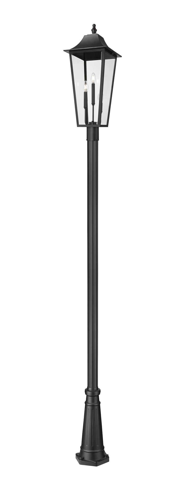 Gannon 3 Light 12" Outdoor Post Mount Fixture in Black, 96" Post, 10" Decorative Base