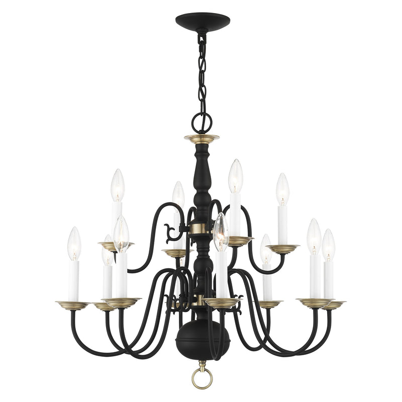 Williamsburgh 12-Light 26" 2-Tier Chandelier in Black with Antique Brass Accents