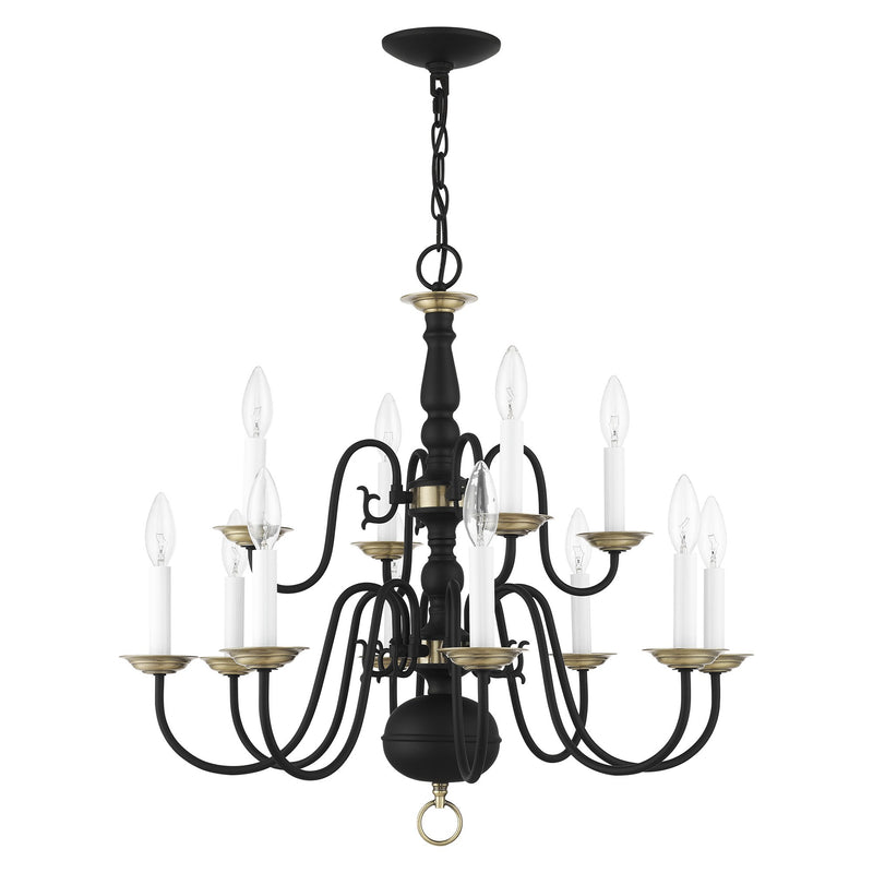 Williamsburgh 12-Light 26" 2-Tier Chandelier in Black with Antique Brass Accents
