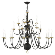 Williamsburgh 22-Light Grande 3-Tier Foyer Chandelier in Black with Antique Brass Accents