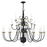 Williamsburgh 22-Light Grande 3-Tier Foyer Chandelier in Black with Antique Brass Accents