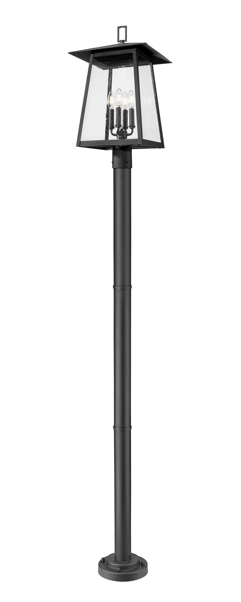 Rainer 4 Light 13.5" Outdoor Post Mount Fixture in Black, 76" Cast Post, 9" Base