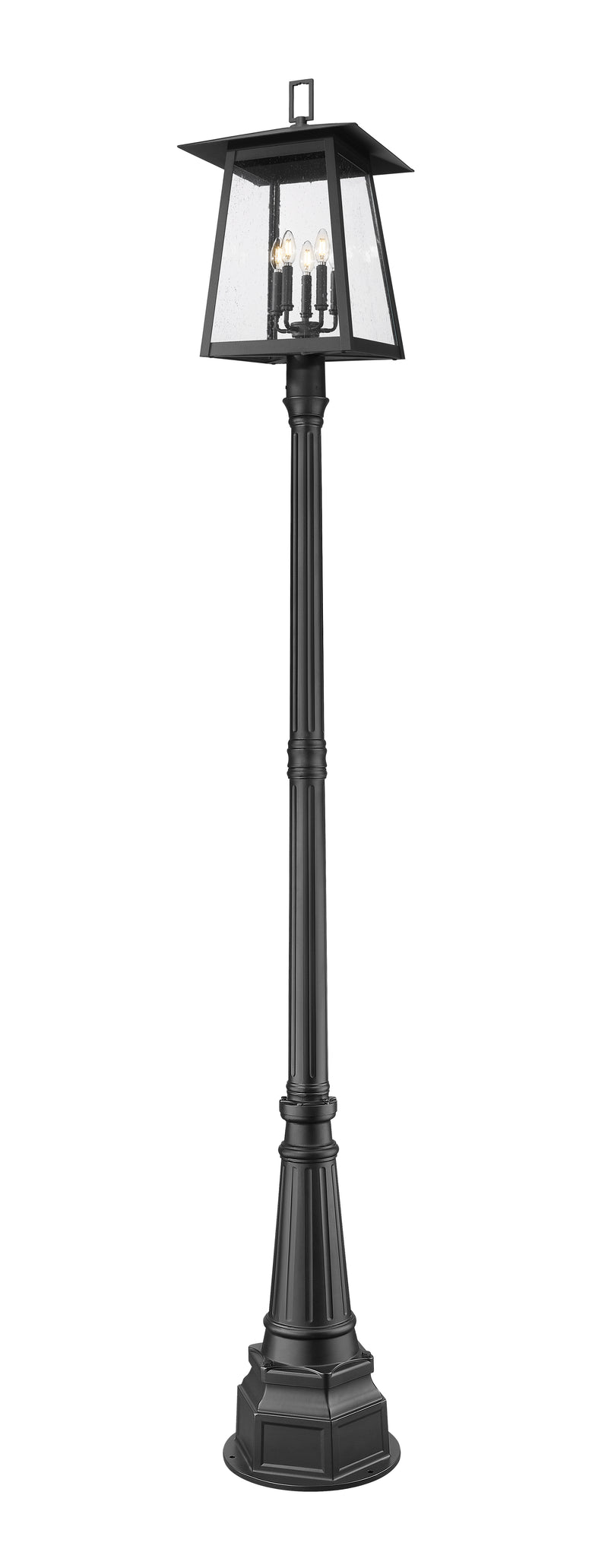 Rainer 5 Light 15.5" Outdoor Post Mount Fixture in Black, 84" Post, 14" Base