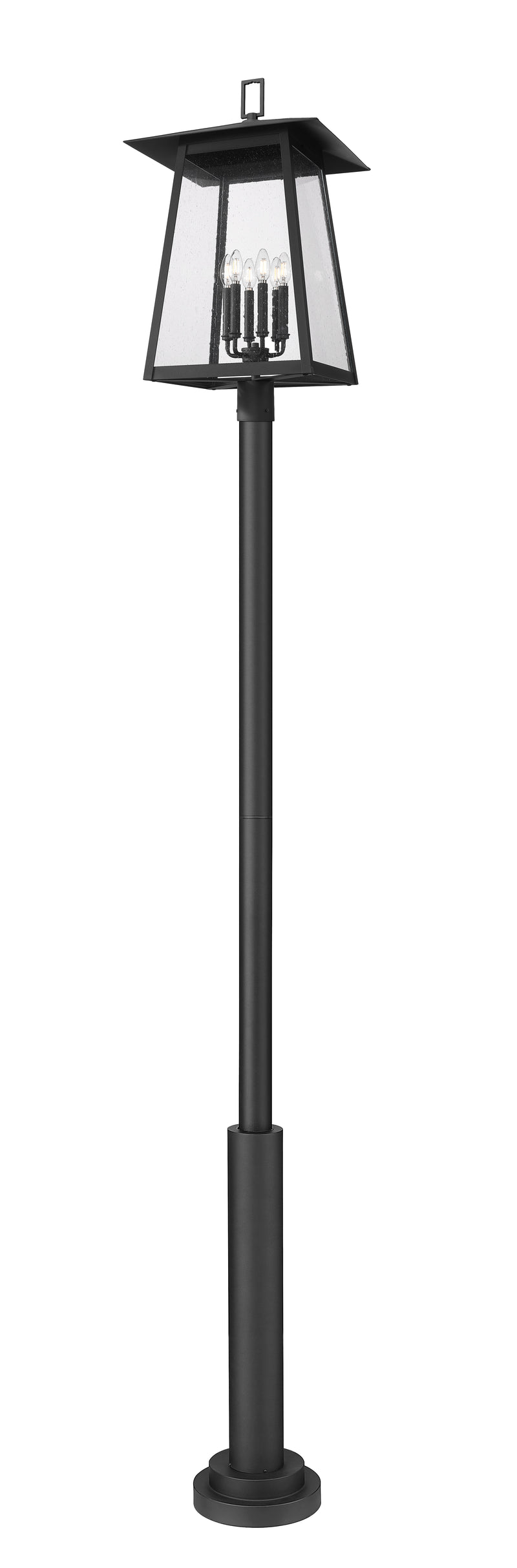 Rainer 6 Light 17.5" Outdoor Post Mount Fixture in Black, 96" Post, 12" Base