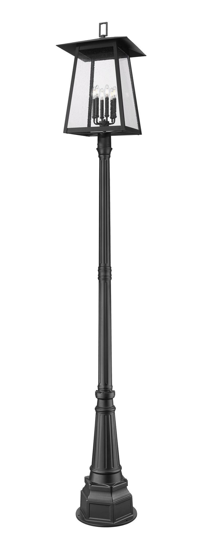Rainer 6 Light 17.5" Outdoor Post Mount Fixture in Black, 84" Post, 14" Base