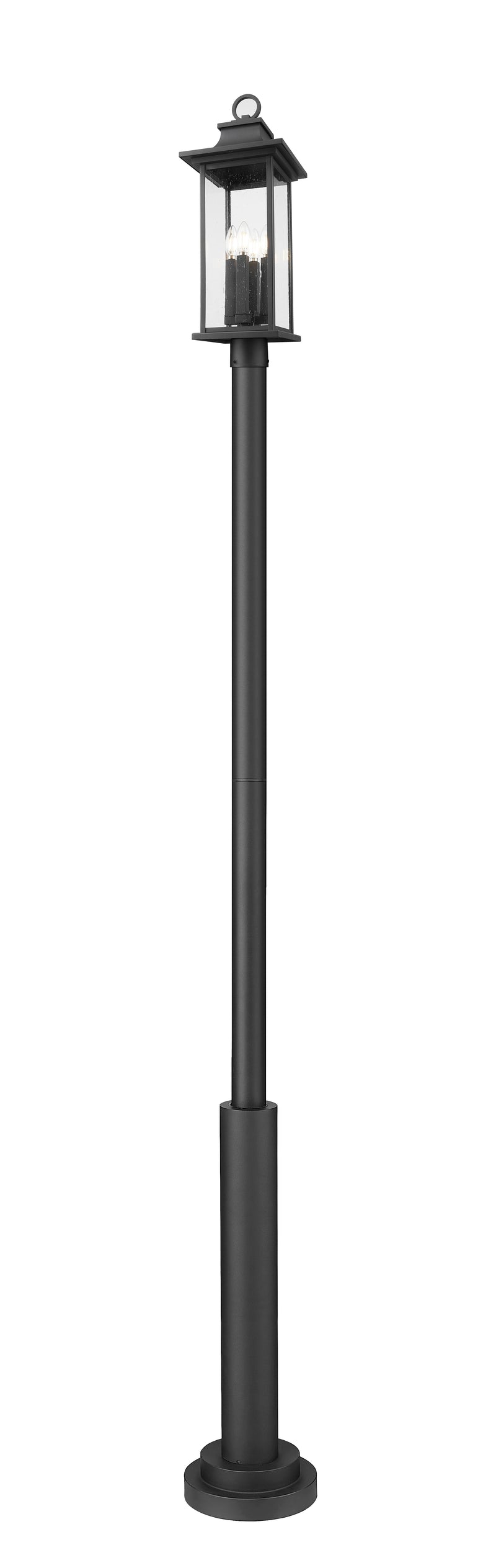 Tiberius 4 Light 9" Outdoor Post Mount Fixture in Black, 96" Post, 12" Base