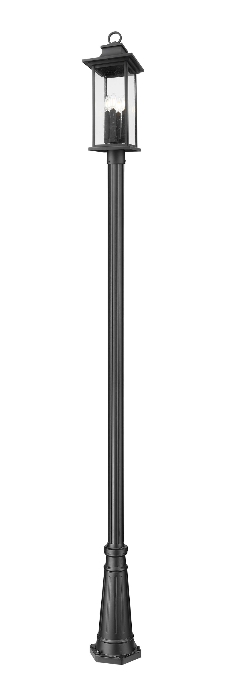 Tiberius 4 Light 9" Outdoor Post Mount Fixture in Black, 96" Post, 10" Decorative Base
