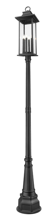 Tiberius 6 Light 12" Outdoor Post Mount Fixture in Black, 84" Post, 14" Base
