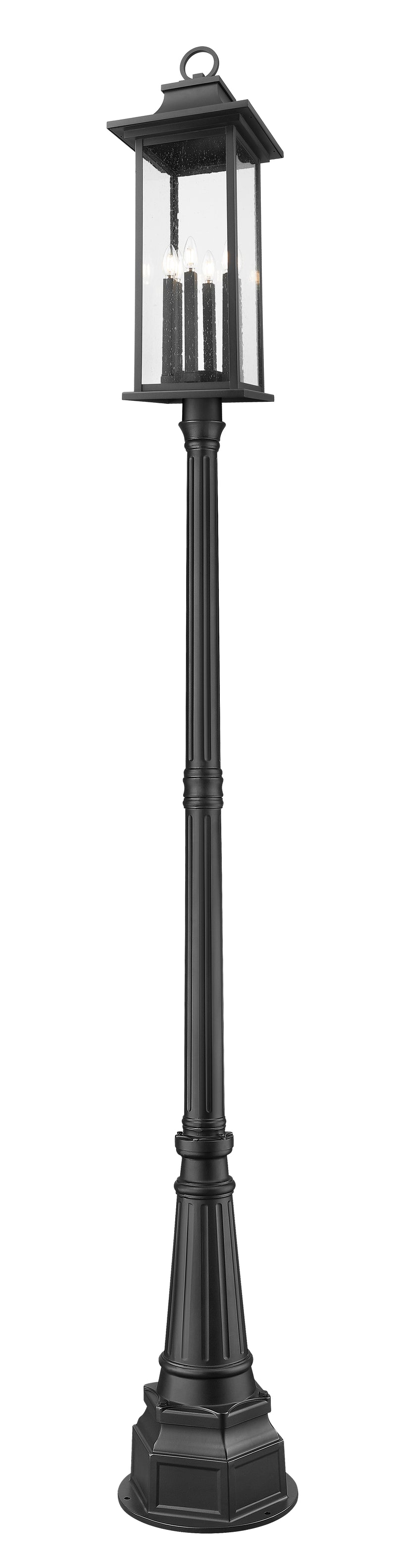 Tiberius 6 Light 12" Outdoor Post Mount Fixture in Black, 84" Post, 14" Base