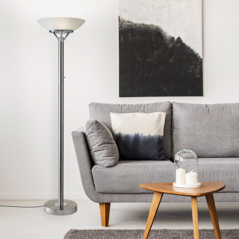 Expo 2-Light Torchiere Floor Lamp in Brushed Steel W. Chrome