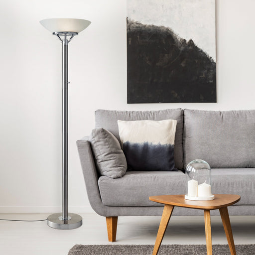 Expo 2-Light Torchiere Floor Lamp in Brushed Steel W. Chrome