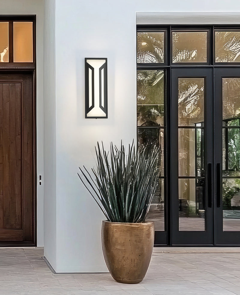 Banff 2 Light 6" Outdoor Wall Light, 16" Tall in Sand Black in a room setting