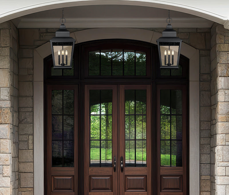 Raphael 4 Light 14" Outdoor Chain Mount Ceiling Fixture in Sand Black in a room setting