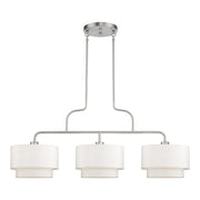 Manorwood 3-Light Extra Large Linear Chandelier with Off-White Shades in Brushed Nickel