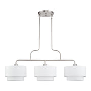 Manorwood 3-Light Extra Large Linear Chandelier with Off-White Shades in Brushed Nickel