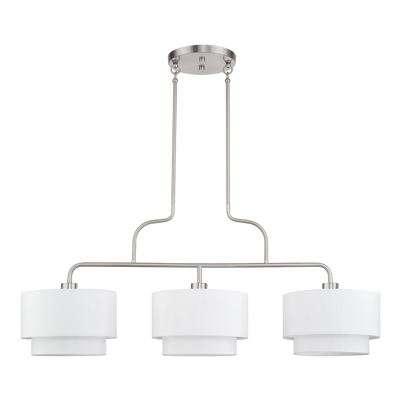 Manorwood 3-Light Extra Large Linear Chandelier with Off-White Shades in Brushed Nickel