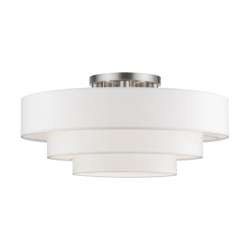 Manorwood 5-Light 28" Semi-Flush Mount with Off-White Shade in Brushed Nickel