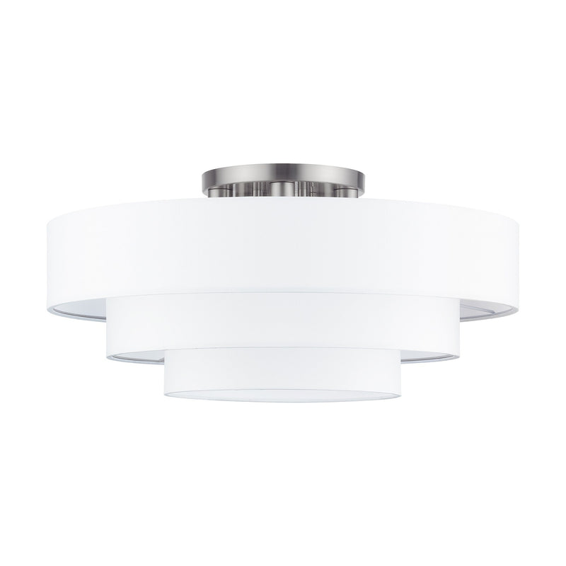 Manorwood 5-Light 28" Semi-Flush Mount with Off-White Shade in Brushed Nickel