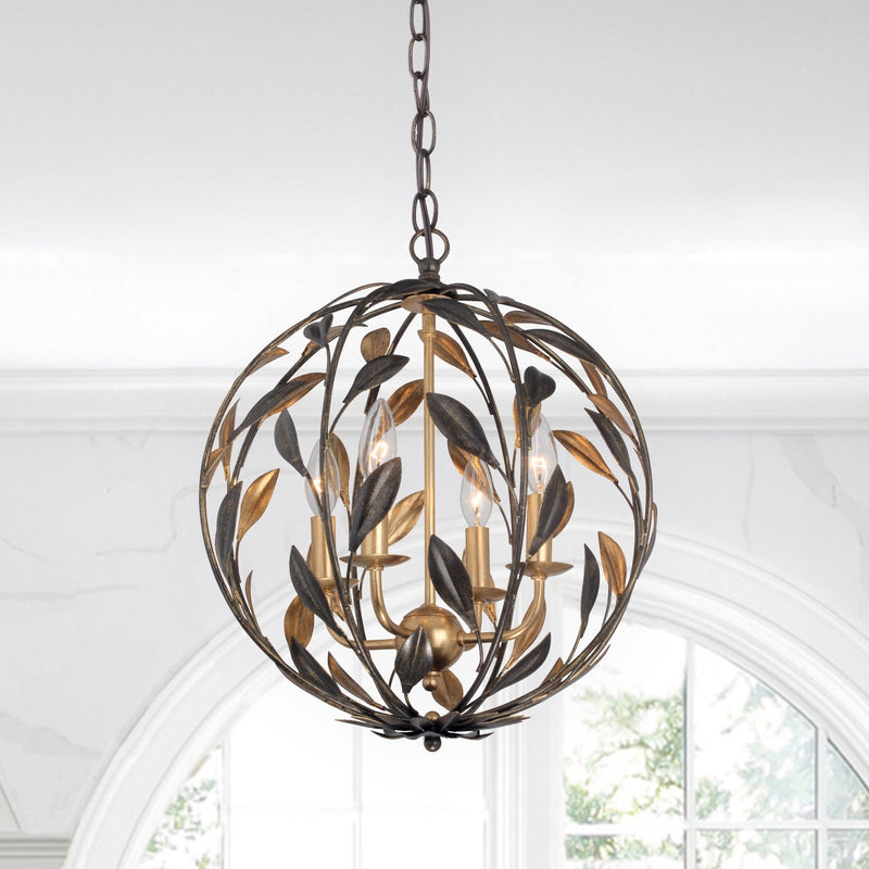 Broche 4 Light 16" Chandelier in English Bronze + Antique Gold in a room setting