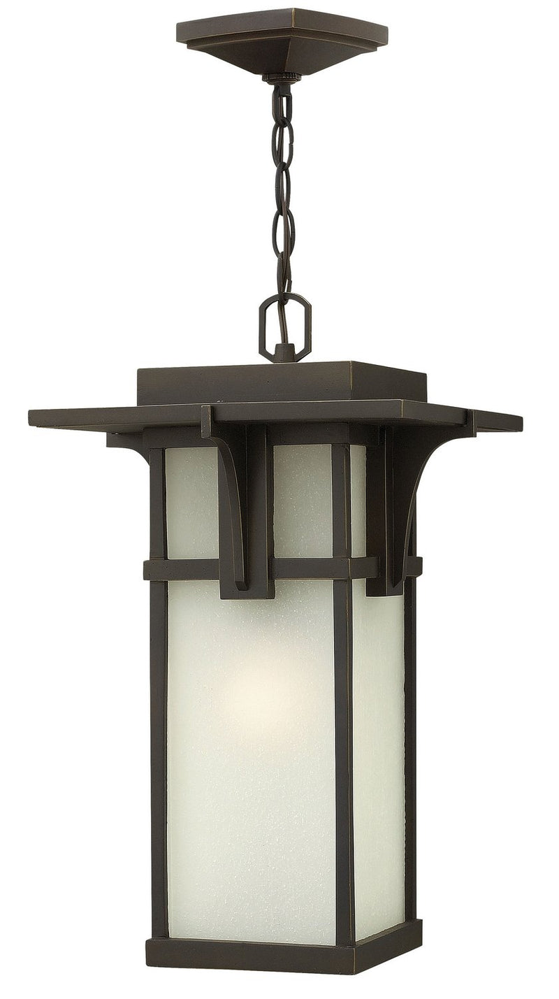 Manhattan Outdoor Hanging Lantern with Etched Seedy Glass in Oil Rubbed Bronze