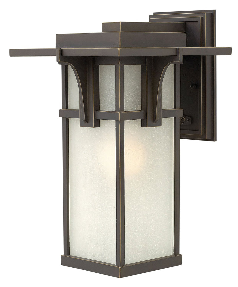 Manhattan Medium Outdoor Wall Lantern with Etched Seedy Glass in Oil Rubbed Bronze