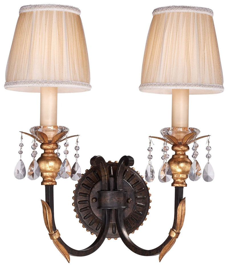 Bella Cristallo 2-Light Wall Sconce in French Bronze with Gold Leaf Highlights