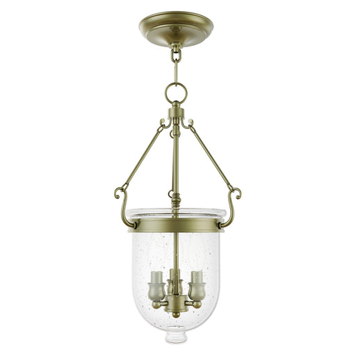 Jefferson 3-Light Pendant with Clear Seeded Glass in Antique Brass