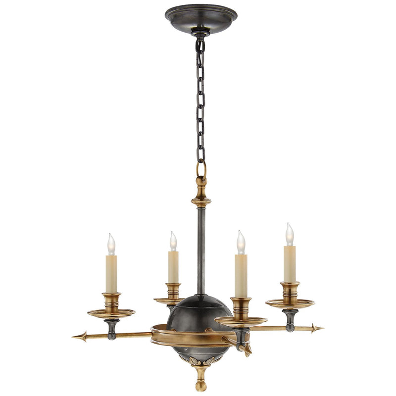 Leaf and Arrow Small 4-Light Chandelier in Bronze with Antique Brass