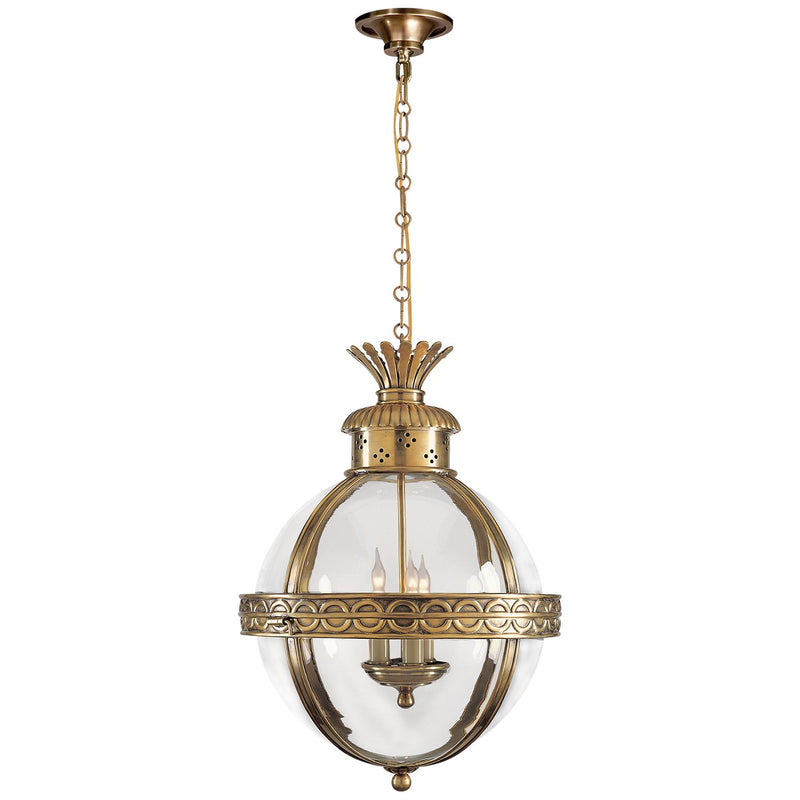 Crown Top Banded Globe 3-Light Lantern Pendant in Antique-Burnished Brass